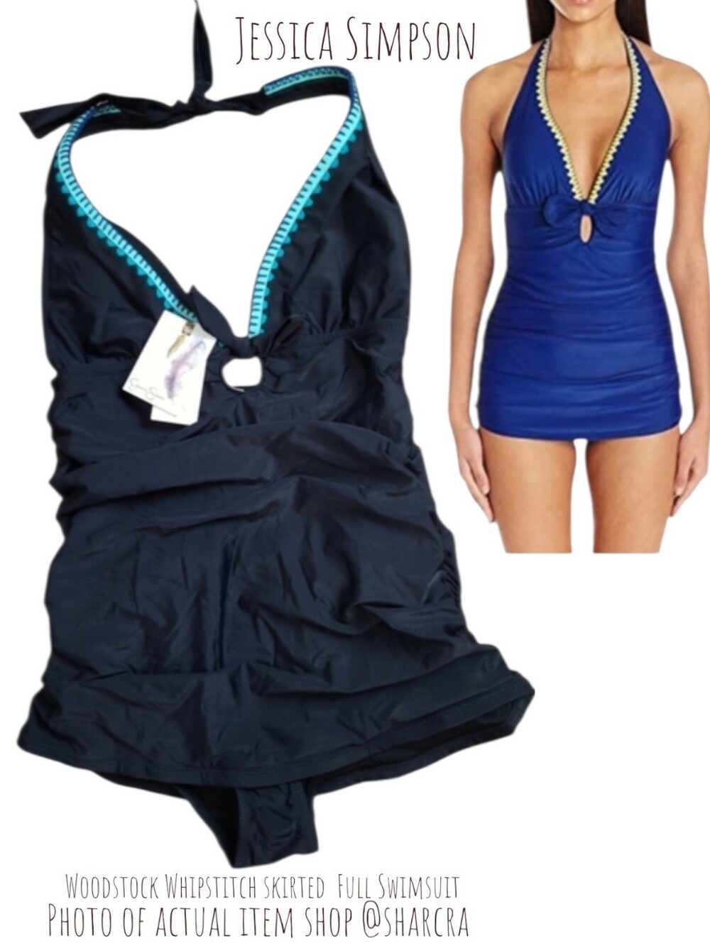 Jessica Simpson Women's Woodstock Whipstitch skirted Full Swimsuit black teal S